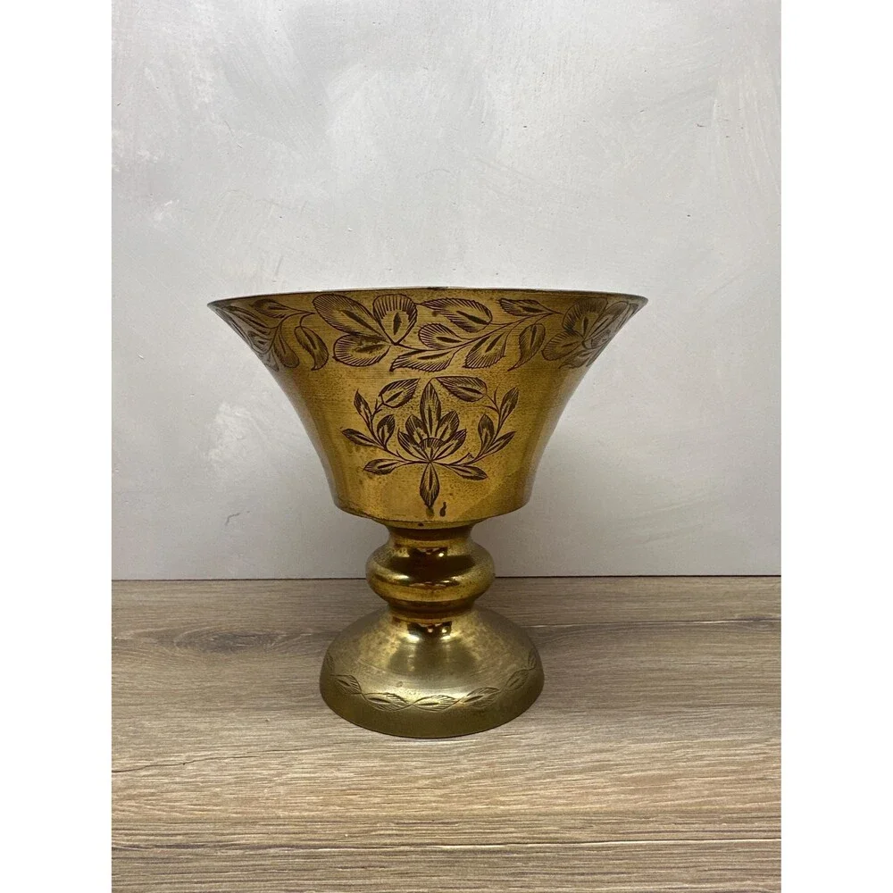 Vintage Solid Brass Floral Etched Footed Vase Planter, Made in India, 8x6.5 Inch
